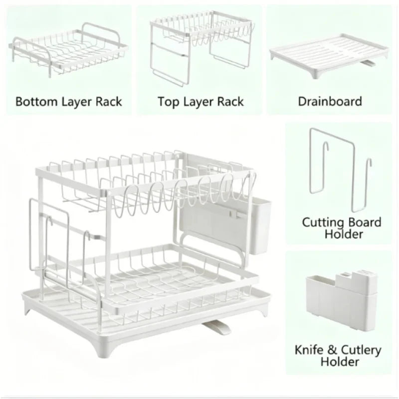 Escurridor de Platos de Acero Inoxidable de 2 Niveles, Color Blanco, Resistente al Óxido, Gran Capacidad, Diseño con Bandeja de Drenaje, para Encimera de Cocina, Platos, Tazas y Vajilla