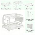 Escurridor de Platos de Acero Inoxidable de 2 Niveles, Color Blanco, Resistente al Óxido, Gran Capacidad, Diseño con Bandeja de Drenaje, para Encimera de Cocina, Platos, Tazas y Vajilla