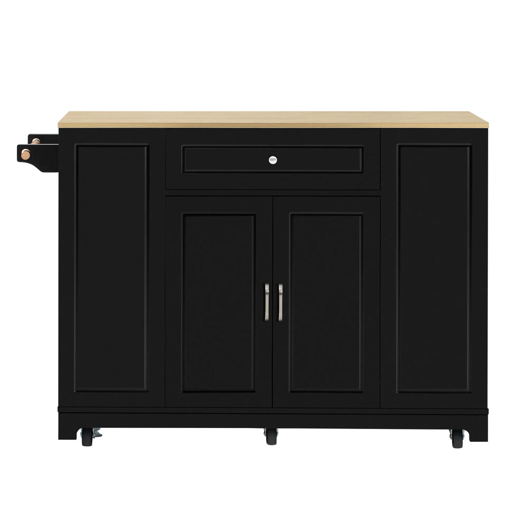 Isla de Cocina Móvil con Encimera Extensible, Cajones Multifuncionales y Compartimento para Residuos, Negra, 131.8×40-70×93.3 cm