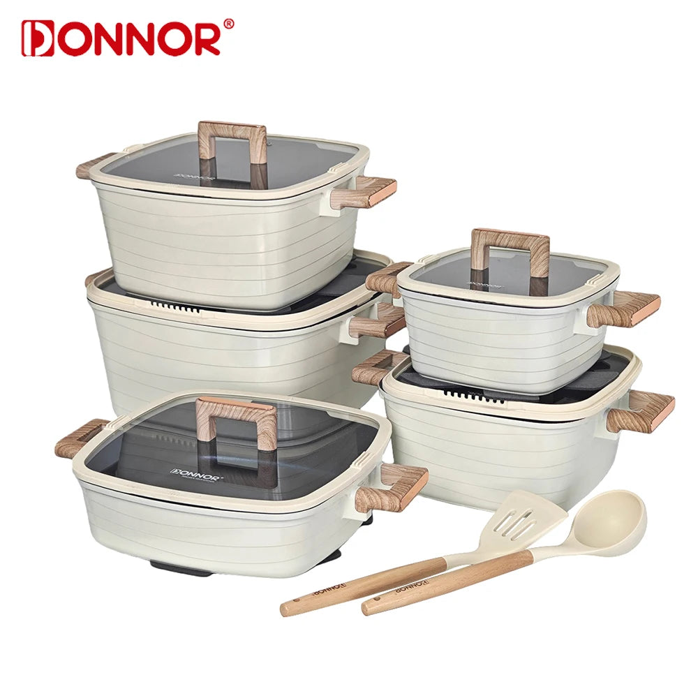 Juego de ollas DONNOR de 15 piezas, ollas cuadradas para sopa, ollas para caldos, juego de sartenes antiadherentes con mango de baquelita, olla para cocinar compatible con todo tipo de estufas