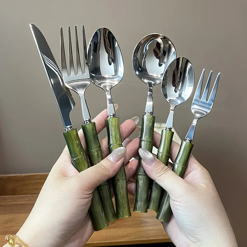 Juego de Cubiertos de Acero Inoxidable 304 de Lujo, Estilo Retro, con Mango de Bambú Perlado, Juego de Cubiertos de Alta Estética para Cena Occidental, Tenedor, Cuchara, Vajilla
