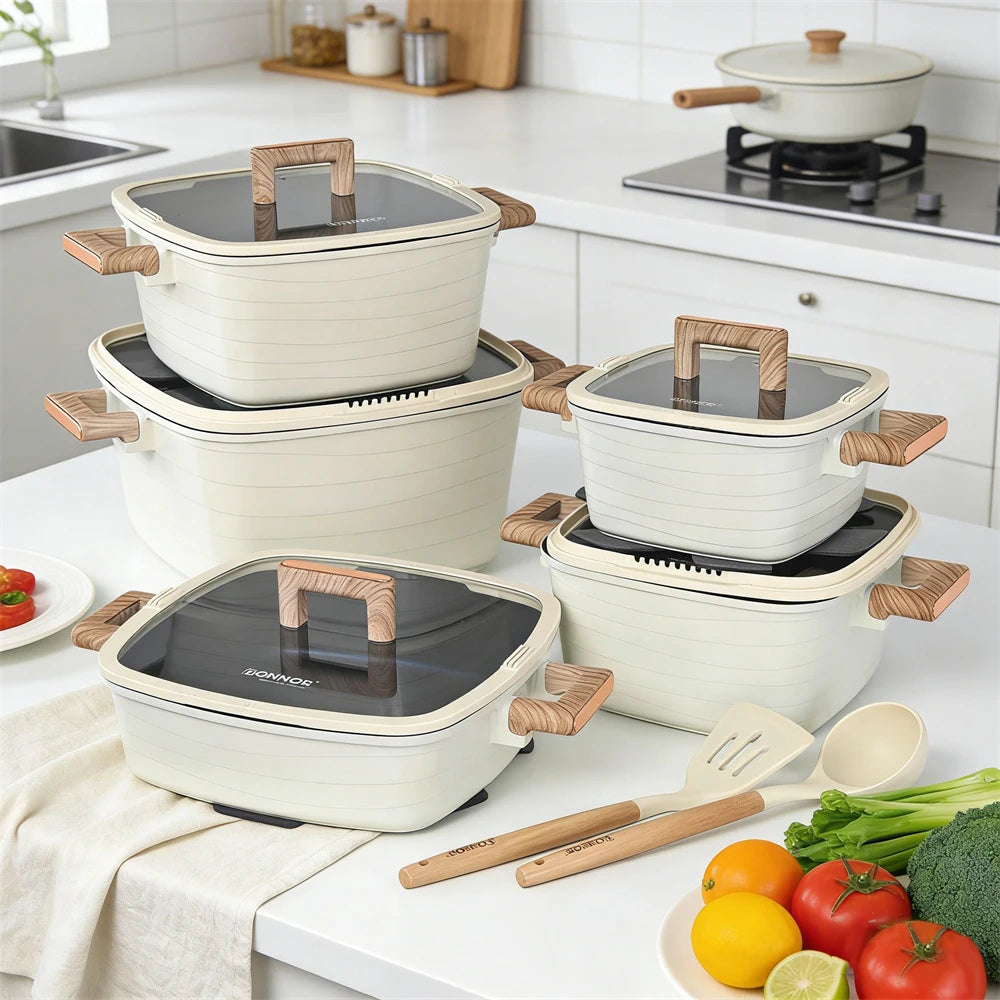 Juego de ollas DONNOR de 15 piezas, ollas cuadradas para sopa, ollas para caldos, juego de sartenes antiadherentes con mango de baquelita, olla para cocinar compatible con todo tipo de estufas