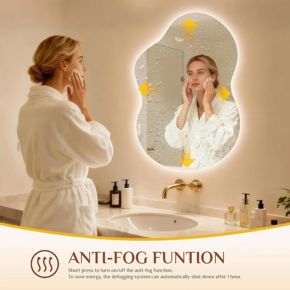 Espejo de Baño con Forma de Nube y Luz, Espejo LED de Pared con 3 Colores de Luz, Asimétrico, 90x60cm, Vidrio Templado, Antivaho