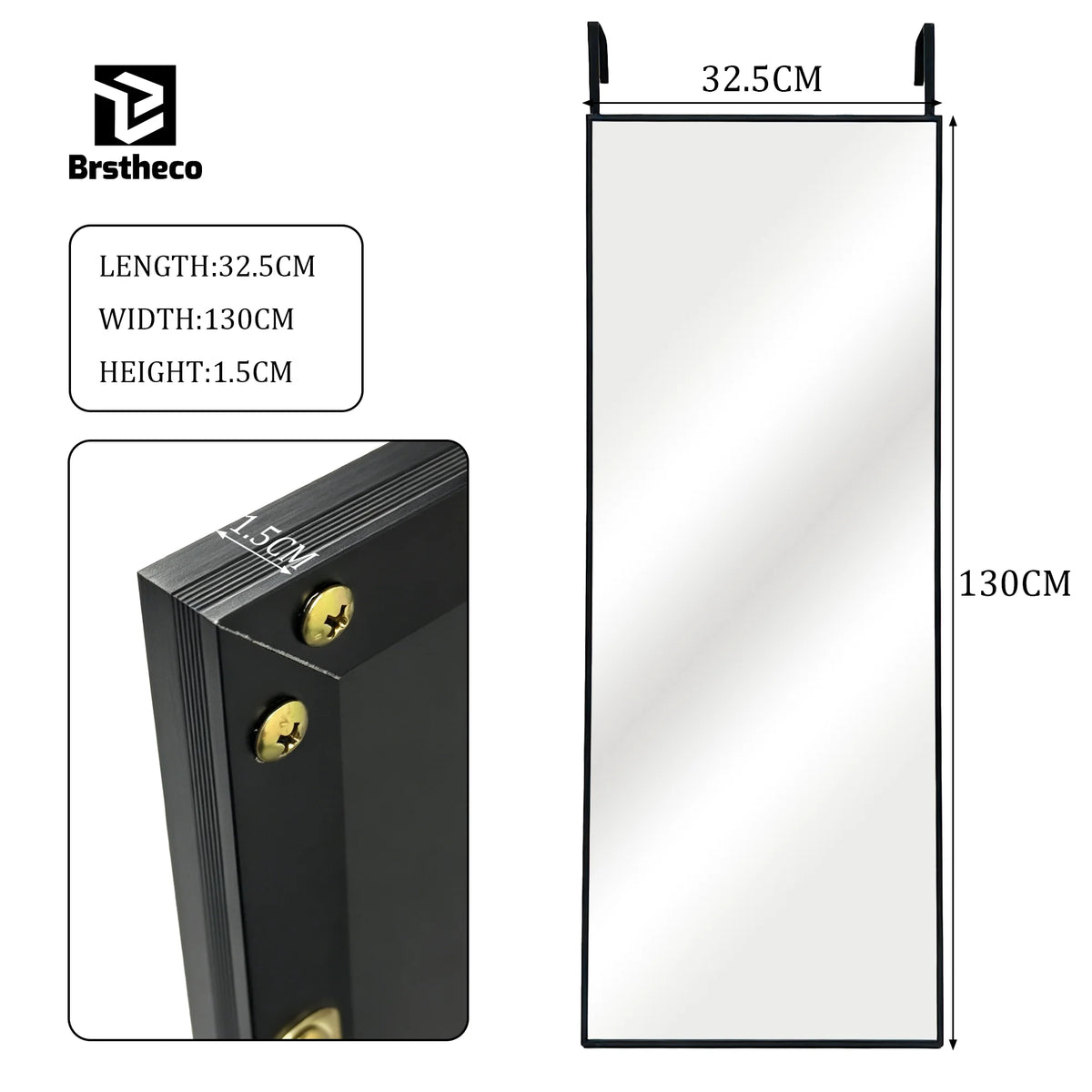 Espejo de cuerpo entero de 160x48 cm, espejo de suelo rectangular extragrande, espejo colgante sobre la puerta, espejo de pared redondo, marco de aleación de aluminio, vidrio templado, espejo de vestir HD transparente para d