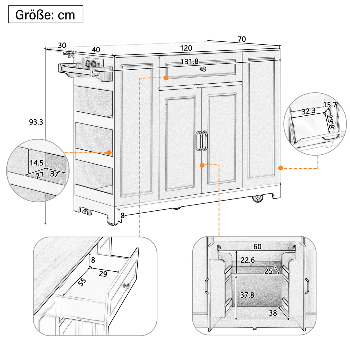 Isla de Cocina Móvil con Encimera Extensible, Cajones Multifuncionales y Compartimento para Residuos, Negra, 131.8×40-70×93.3 cm