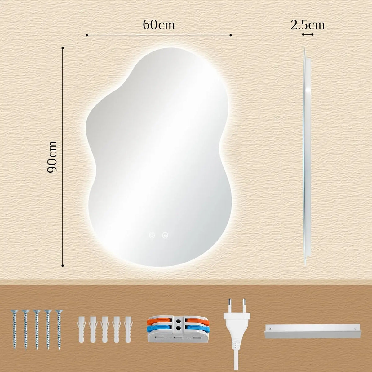 Espejo de Baño con Forma de Nube y Luz, Espejo LED de Pared con 3 Colores de Luz, Asimétrico, 90x60cm, Vidrio Templado, Antivaho