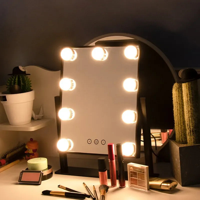 Espejo de maquillaje Vanity Hollywood con 9 bombillas LED Iluminación de 3 colores Atenuación Control táctil 360 ° Rotación para Vestidor y Dormitorio