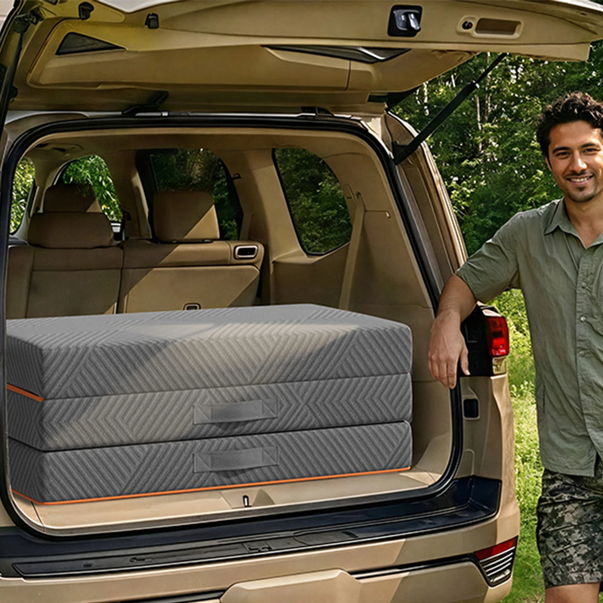 Colchón Plegable Vesgantti de 15 cm para Coche, Camping y Viajes, Colchón de Espuma Viscoelástica de Gel Triple con Funda Lavable, Cama Plegable Portátil para SUV, Autocaravana y Maletero
