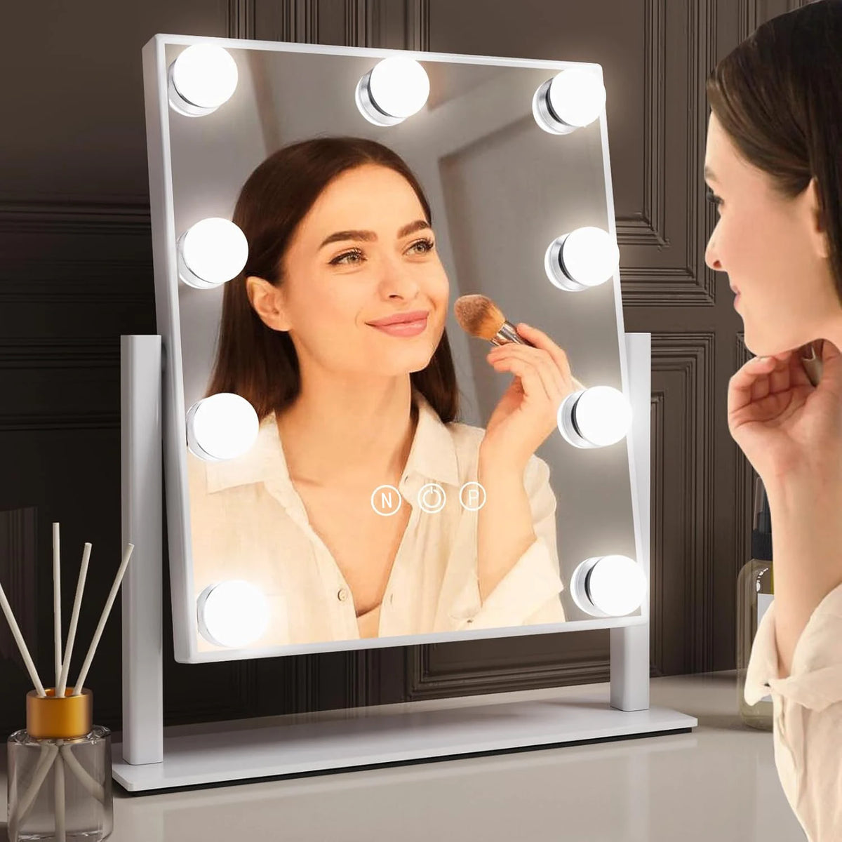 Espejo de maquillaje Vanity Hollywood con 9 bombillas LED Iluminación de 3 colores Atenuación Control táctil 360 ° Rotación para Vestidor y Dormitorio