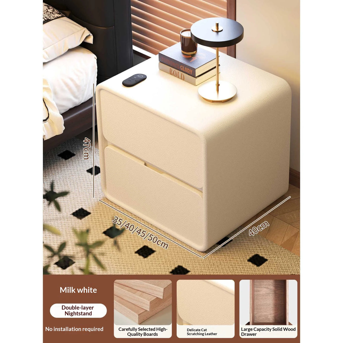 Mesa de Noche de Madera Maciza, Pequeña, Estilo Vintage Crema, Moderna y Sencilla, Gabinete de Almacenamiento para Dormitorio, Decoración del Hogar