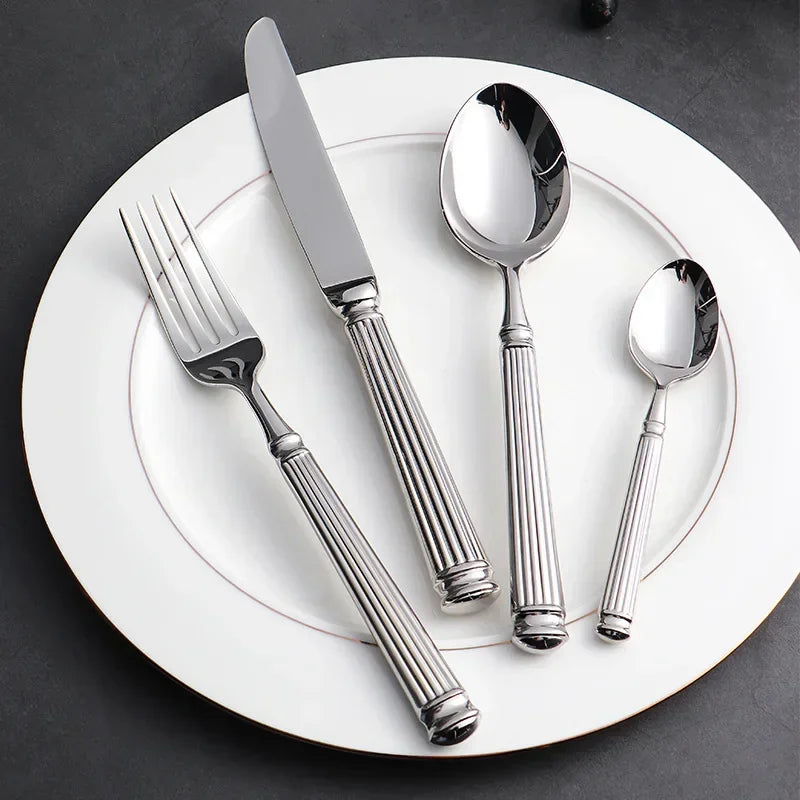 Juego de Cubiertos de Lujo de 4 Piezas de Acero Inoxidable 18/10 Brillante, Vajilla, Cuchillo, Cuchara, Tenedor, Apto para Lavavajillas