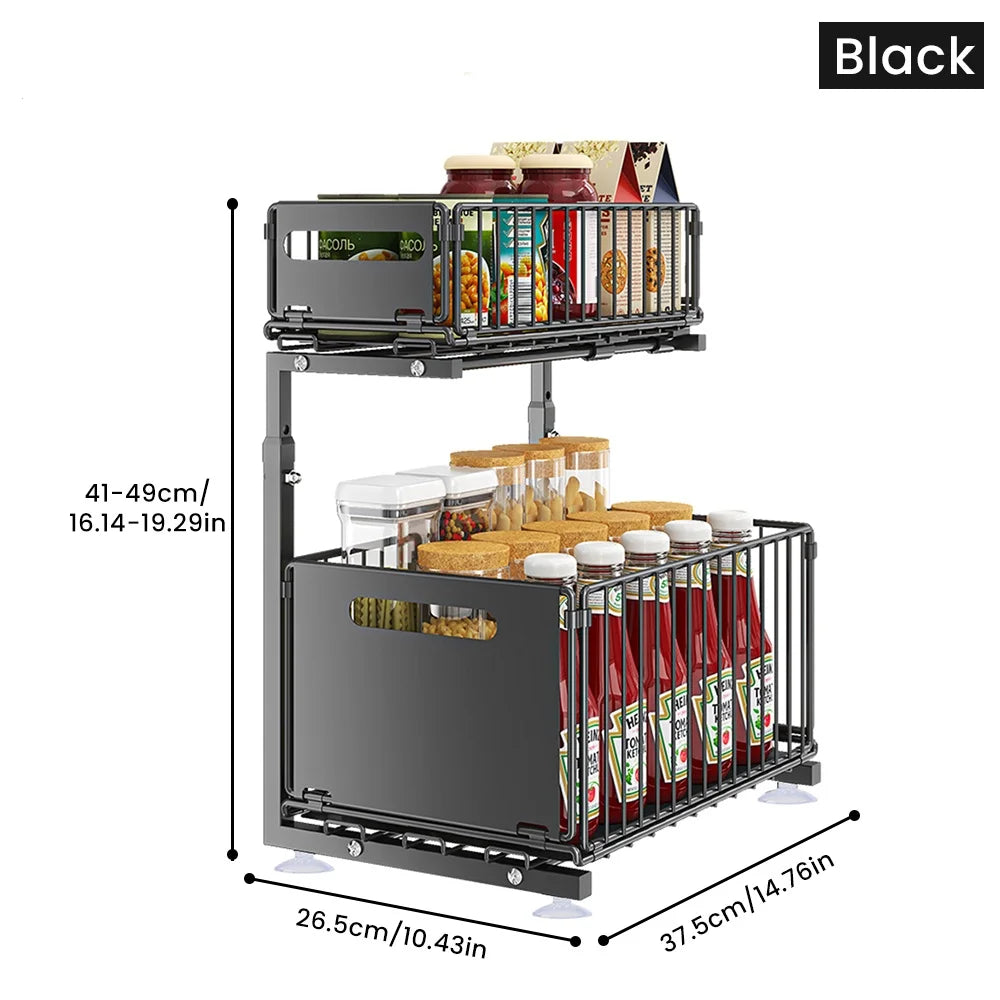 Organizador extraíble de 2 niveles, estante de almacenamiento debajo del fregadero con altura ajustable de 5 niveles y cajón deslizable para encimera de cocina, estante de despensa, soporte para frascos de especias