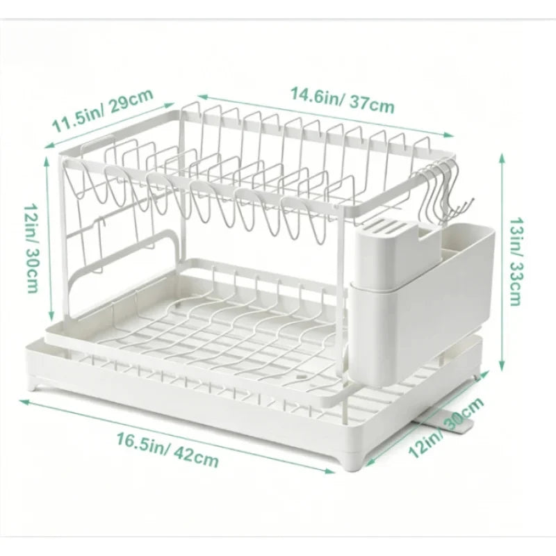 Escurridor de Platos de Acero Inoxidable de 2 Niveles, Color Blanco, Resistente al Óxido, Gran Capacidad, Diseño con Bandeja de Drenaje, para Encimera de Cocina, Platos, Tazas y Vajilla