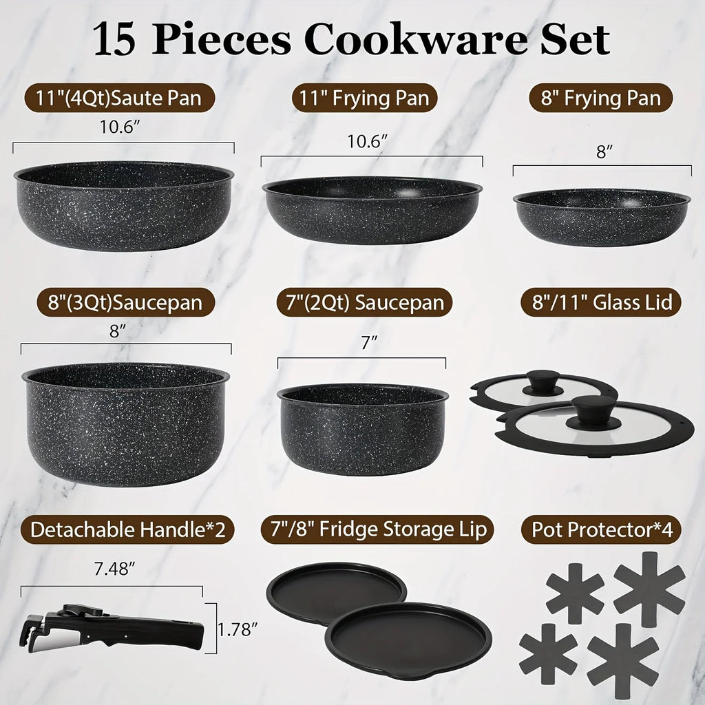 Juego de ollas y sartenes antiadherentes de 15 Uds., juegos de utensilios de cocina con mango desmontable, juego de cocina antiadherente para RV, asas extraíbles,