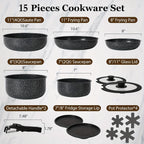 Juego de ollas y sartenes antiadherentes de 15 Uds., juegos de utensilios de cocina con mango desmontable, juego de cocina antiadherente para RV, asas extraíbles,
