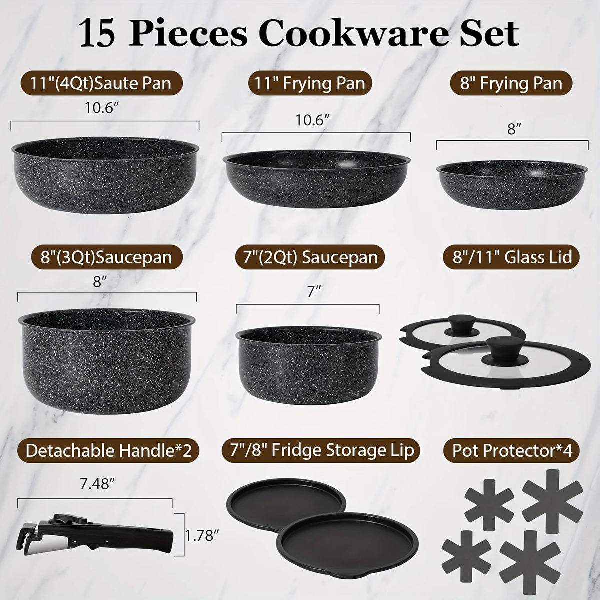 Juego de ollas y sartenes antiadherentes de 15 Uds., juegos de utensilios de cocina con mango desmontable, juego de cocina antiadherente para RV, asas extraíbles,