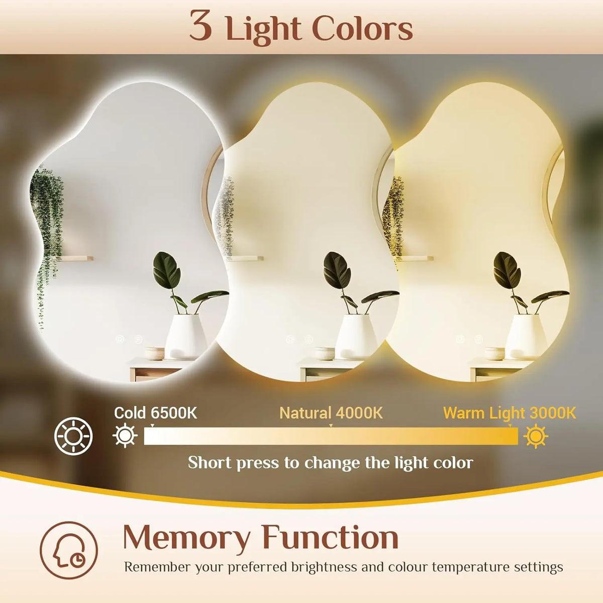 Espejo de Baño con Forma de Nube y Luz, Espejo LED de Pared con 3 Colores de Luz, Asimétrico, 90x60cm, Vidrio Templado, Antivaho