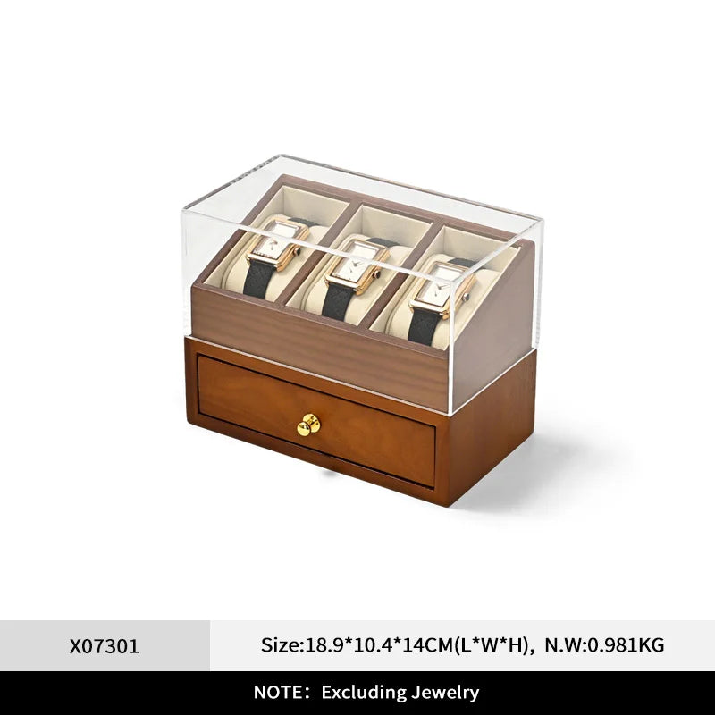 Oirlv-caja de reloj de madera de 6 Grilds, organizador de joyas de doble capa, caja expositora de reloj de pulsera, funda transparente a prueba de polvo para reloj
