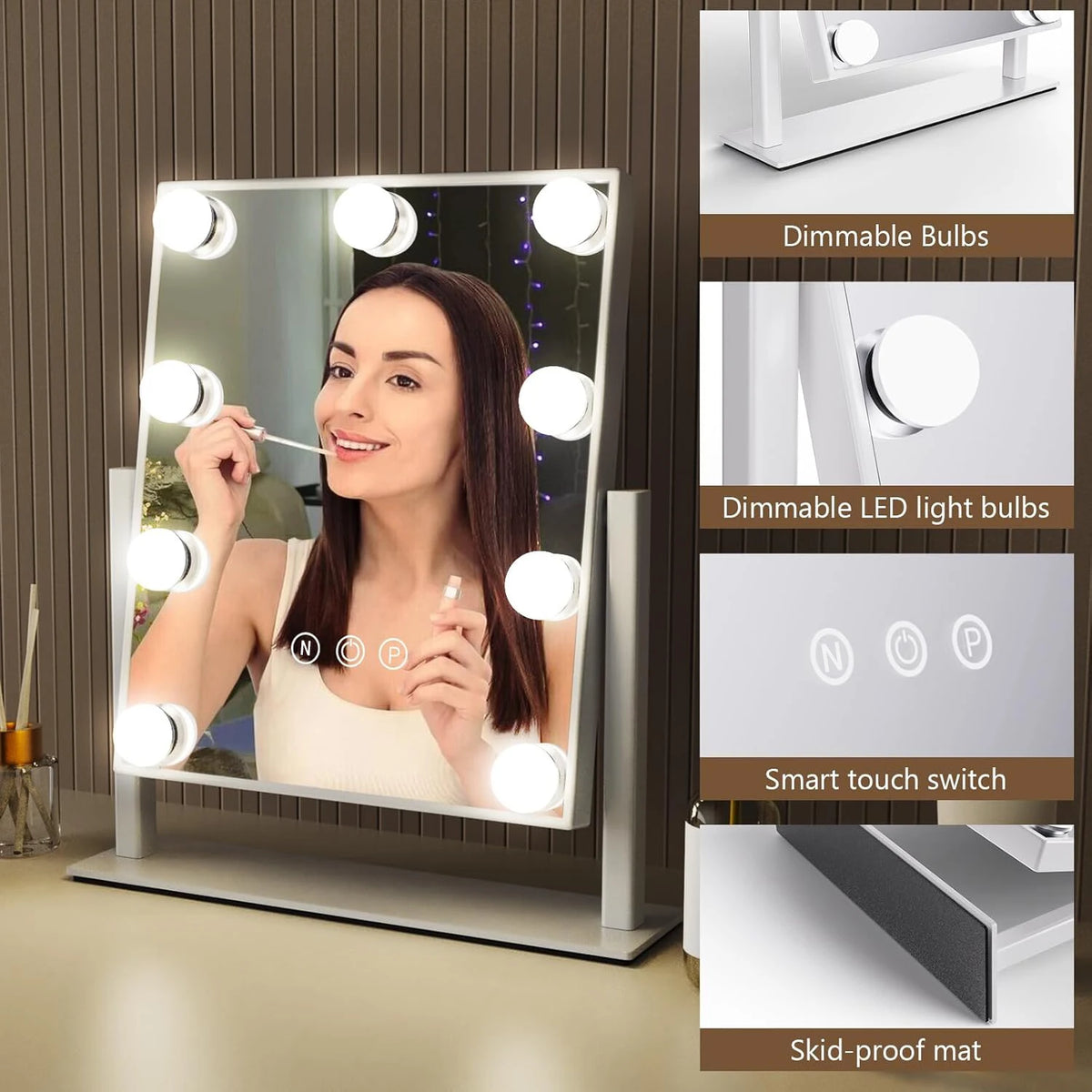Espejo de maquillaje Vanity Hollywood con 9 bombillas LED Iluminación de 3 colores Atenuación Control táctil 360 ° Rotación para Vestidor y Dormitorio