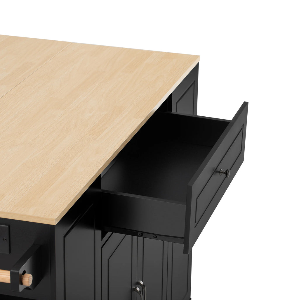 Isla de Cocina Móvil con Encimera Extensible, Cajones Multifuncionales y Compartimento para Residuos, Negra, 131.8×40-70×93.3 cm