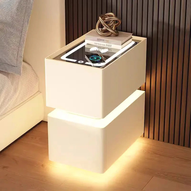 Mesita de noche inteligente creativa de 25cm con Sensor de luz, gabinete de almacenamiento de estilo nórdico, mesita de noche para dormitorio con carga inalámbrica