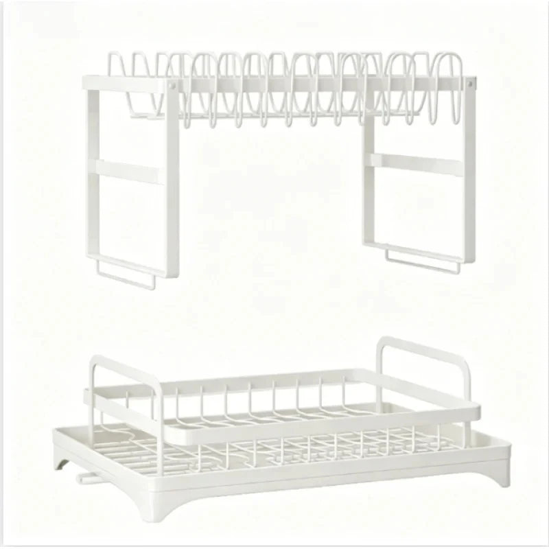 Escurridor de Platos de Acero Inoxidable de 2 Niveles, Color Blanco, Resistente al Óxido, Gran Capacidad, Diseño con Bandeja de Drenaje, para Encimera de Cocina, Platos, Tazas y Vajilla