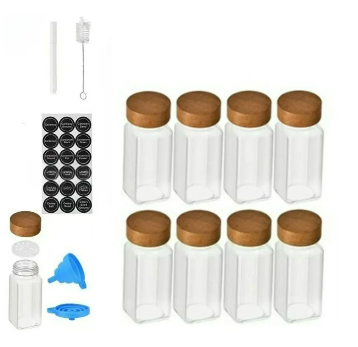 Juego de Frascos Cuadrados para Especias con Tapa de Madera, Frascos para Especias con Inserto Dosificador y Etiquetas - Recipientes de Vidrio Vacíos para Organización de Cocina