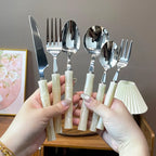 Juego de Cubiertos de Acero Inoxidable 304 de Lujo, Estilo Retro, con Mango de Bambú Perlado, Juego de Cubiertos de Alta Estética para Cena Occidental, Tenedor, Cuchara, Vajilla